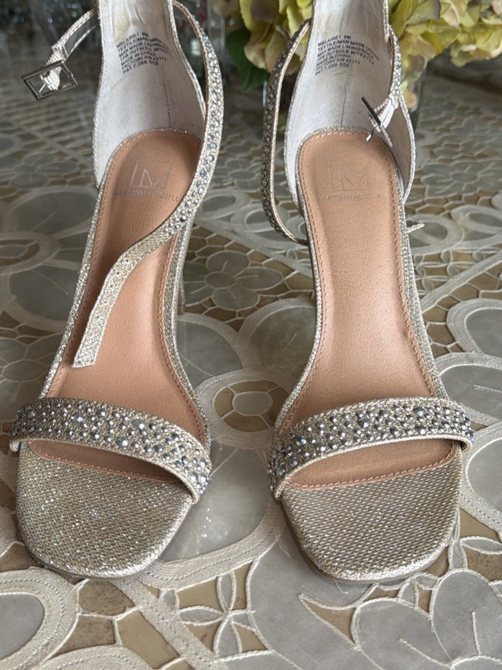Material Girl Champagne Glitter Rhinestone Ankle-Strap Heels